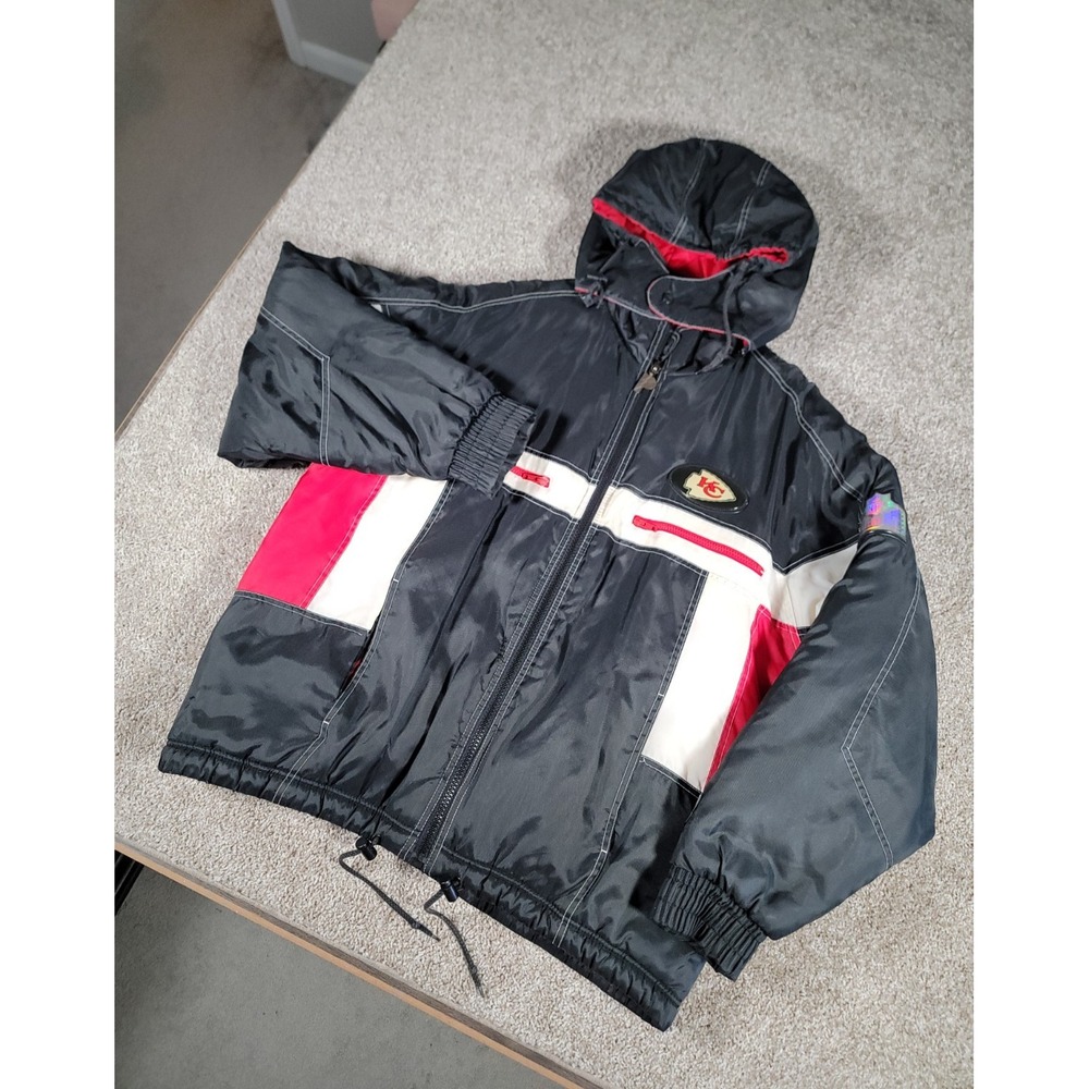 VTG 90s Kansas City Chiefs Jacket Large Black Hooded Puffer Pro Player NFL Rare
